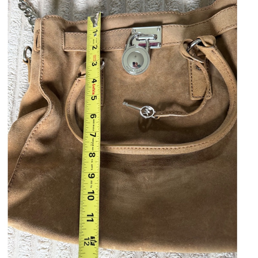 Michael Kors Hamilton Tan Suede Satchel Bag Silver Hardware Lock & Key Large - Picture 10 of 14